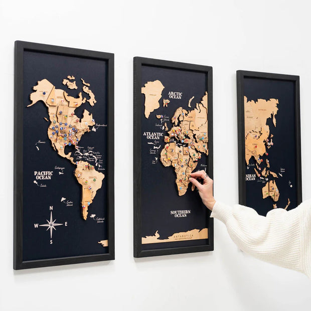 3D Wooden Triptych World Map Gold - Premium Wall Art Masterpiece