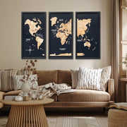 3D Wooden Triptych World Map Gold - Premium Wall Art Masterpiece