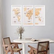 3D Wooden Triptych World Map Gold - Premium Wall Art Masterpiece
