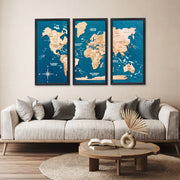 3D Wooden Triptych World Map Gold - Premium Wall Art Masterpiece
