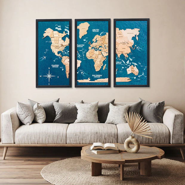 3D Wooden Triptych World Map Gold - Premium Wall Art Masterpiece