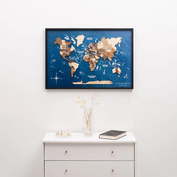 3D Wooden Triptych World Map Gold - Premium Wall Art Masterpiece