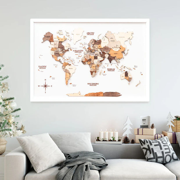 3D Wooden Triptych World Map Gold - Premium Wall Art Masterpiece