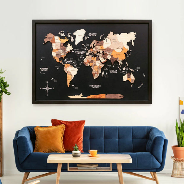 3D Wooden Triptych World Map Gold - Premium Wall Art Masterpiece