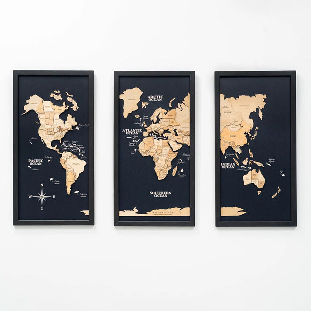 3D Wooden Triptych World Map Gold - Premium Wall Art Masterpiece